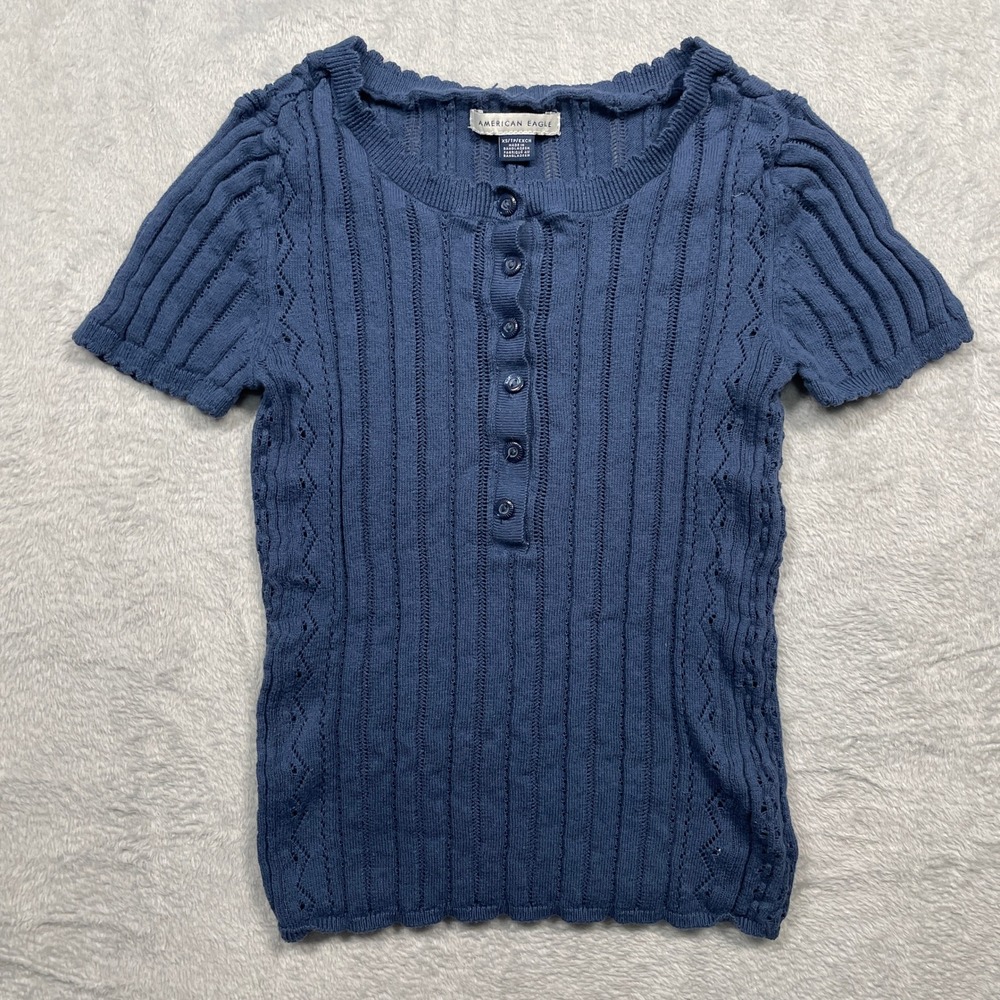 American Eagle Henley Top Women XS Blue Pointelle Ribbed Short Sleeve Cotton